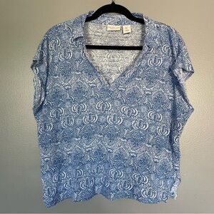 Rachel Zoe Blue White Floral Tropical collared short sleeve shirt sz L100% linen